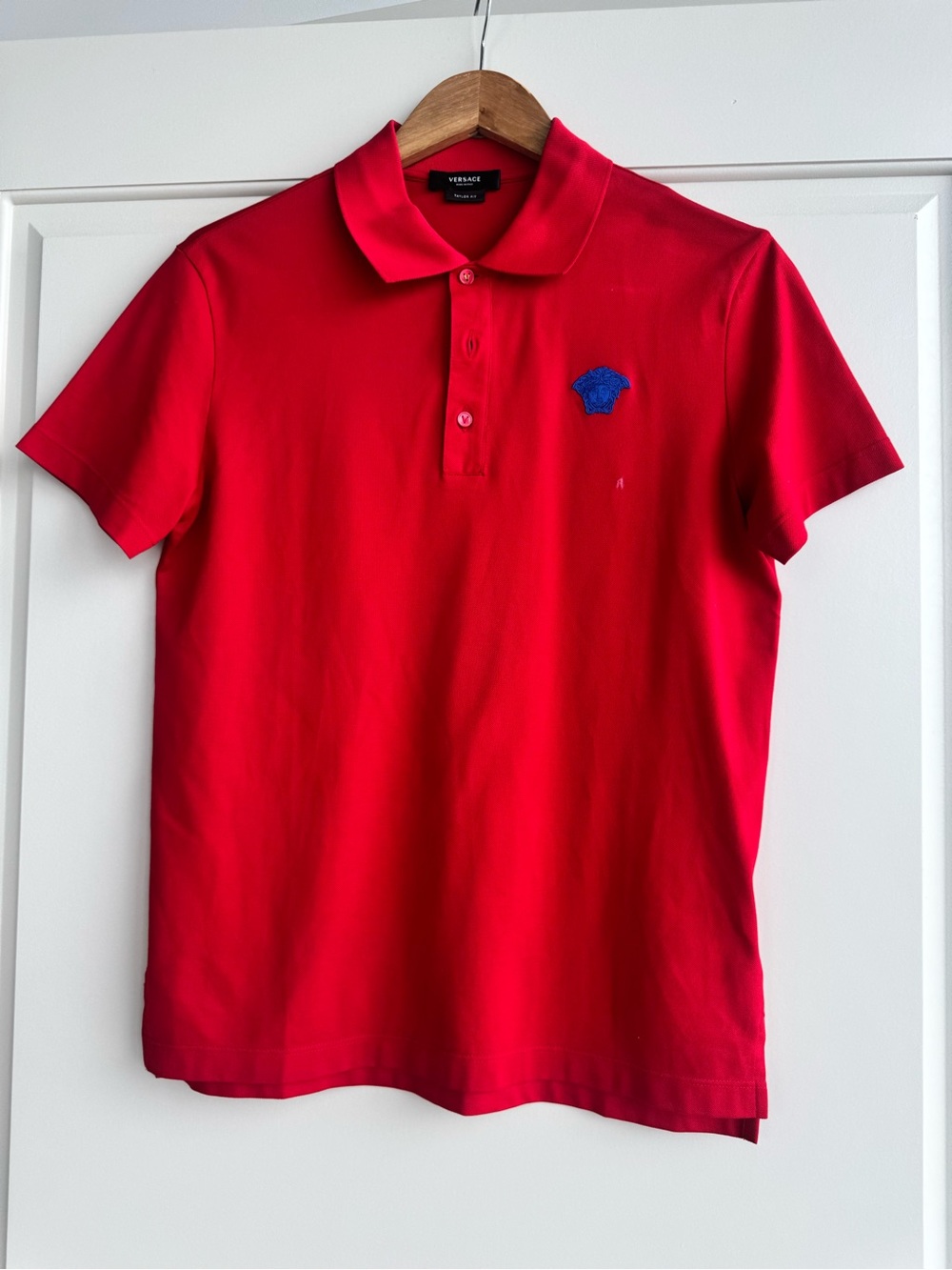 Versace Red Polo Shirt with Blue Medusa Patch